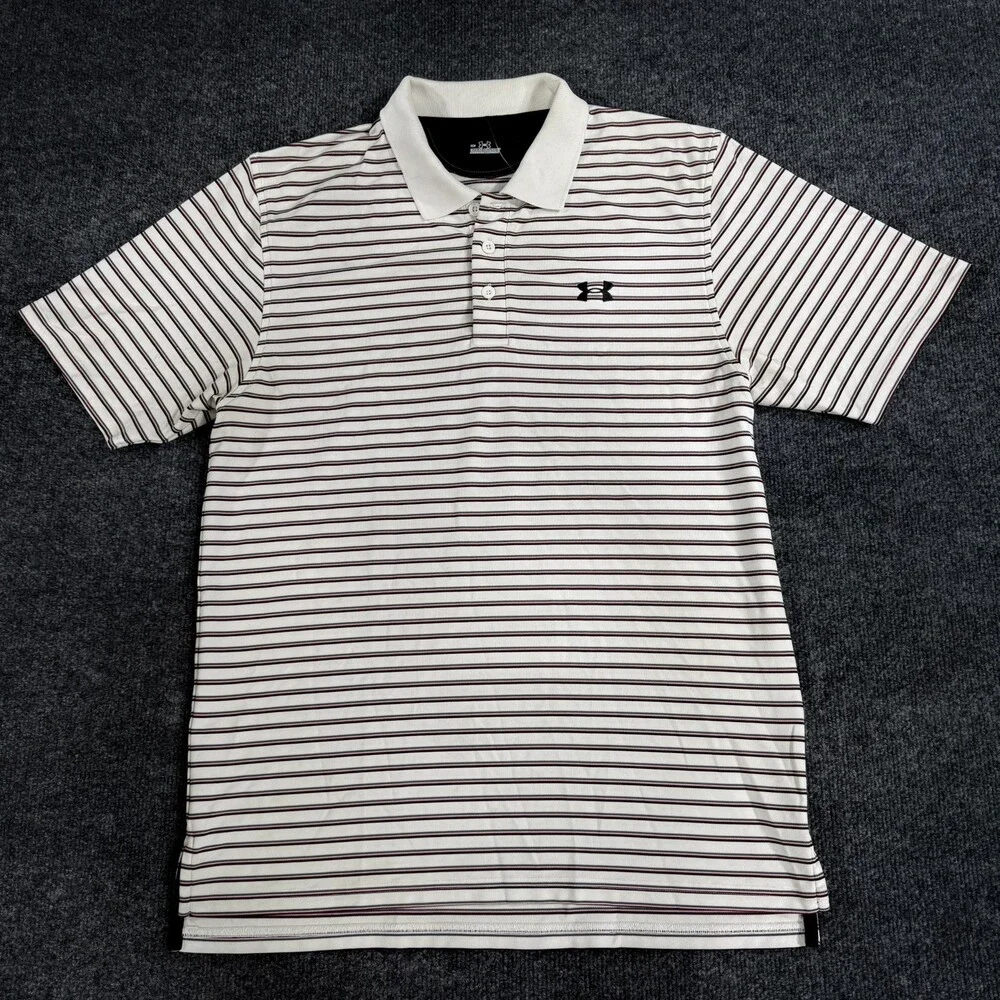 Under Armour Mens Golf Polo Size Medium White Maroon Gray Striped Performance
